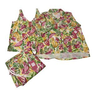 P.J. Salvage 3-Piece Tropical Fruit‎ Print Pajama Set Tank Button-Up Top Pants S